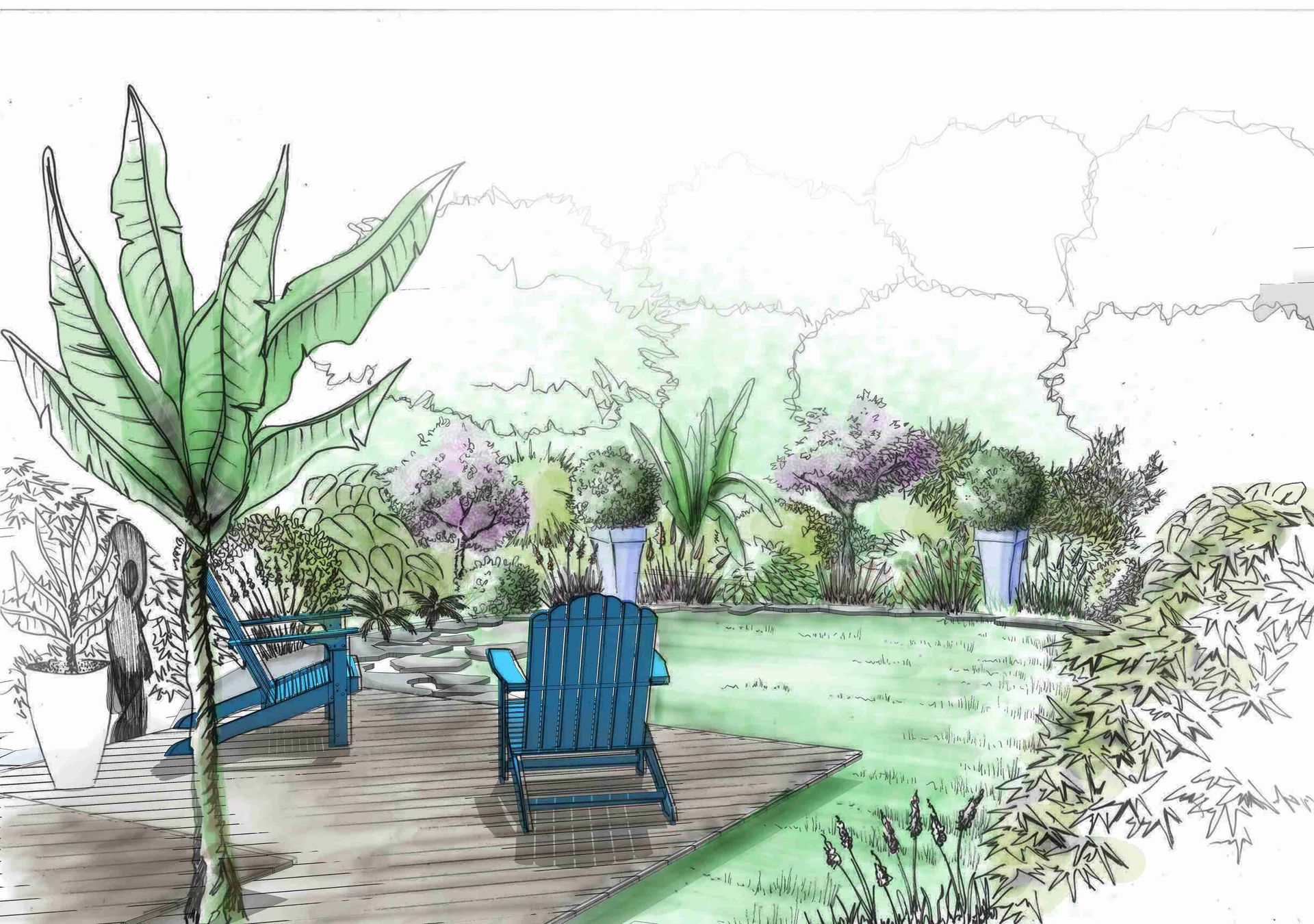 esquisse terrasse bois projet tropical- MT concepteur paysagiste